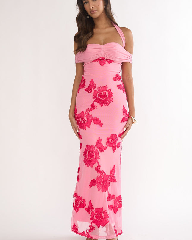 Pink Halter Off-Shoulder Maxi Dress Embellished