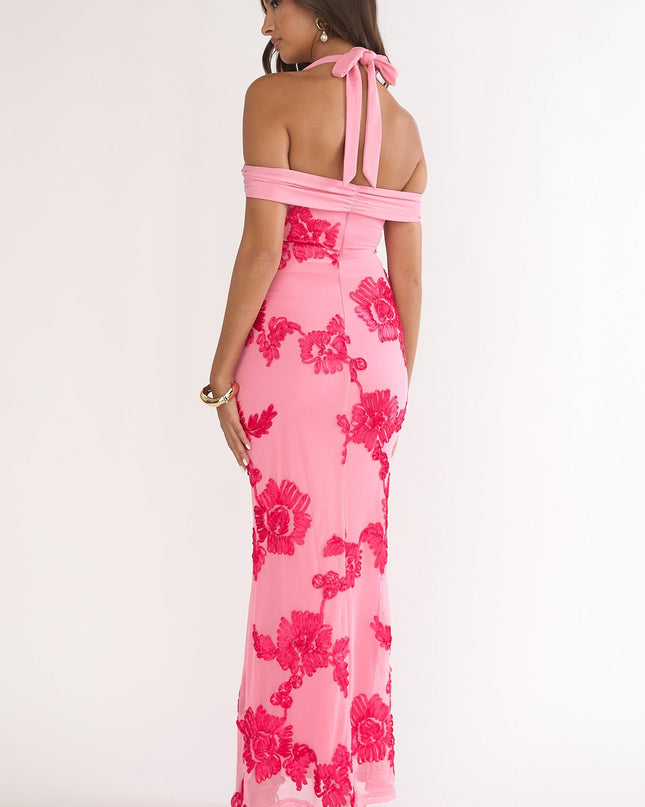 Pink Halter Off-Shoulder Maxi Dress Embellished