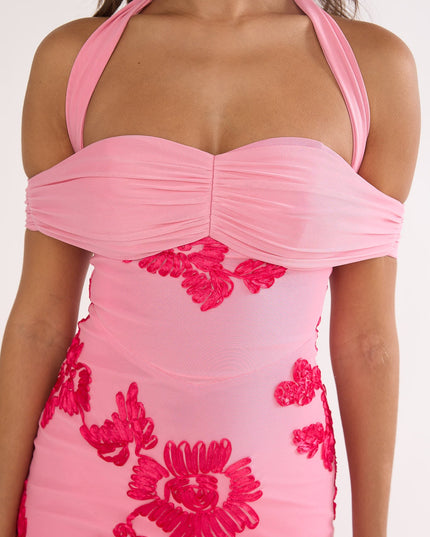 Pink Halter Off-Shoulder Maxi Dress Embellished