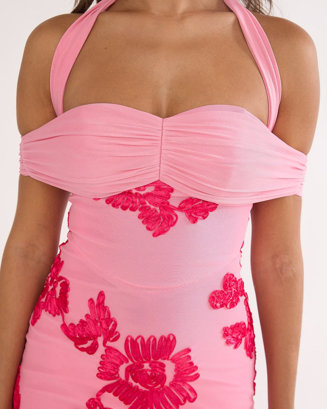 Pink Halter Off-Shoulder Maxi Dress Embellished
