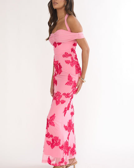 Pink Halter Off-Shoulder Maxi Dress Embellished