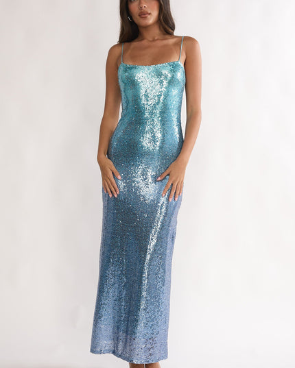 Blue Sequin Maxi Dress Gradient