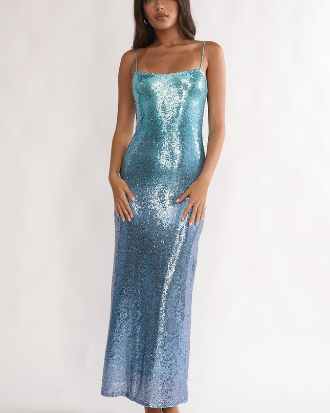 Blue Sequin Maxi Dress Gradient