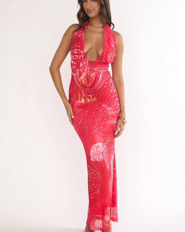 Red Halterneck Drape Maxi Dress Print