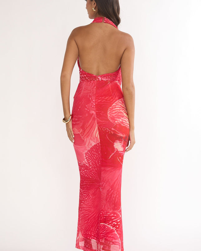 Red Halterneck Drape Maxi Dress Print