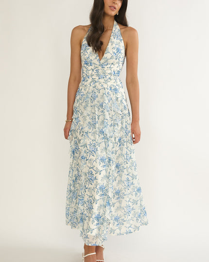 Blue Halterneck Ruffle Dress Floral