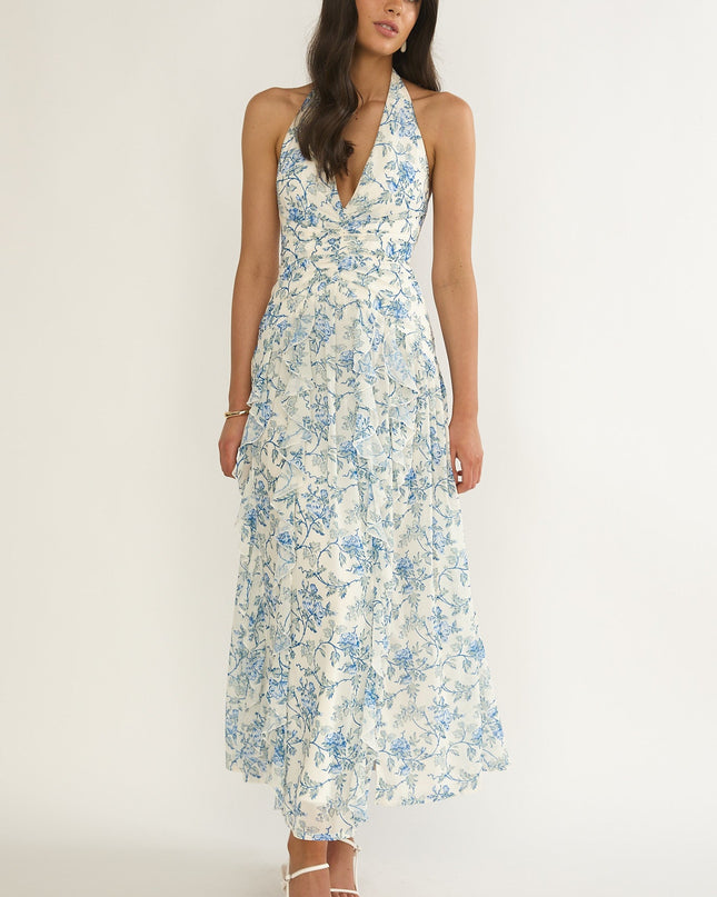 Blue Halterneck Ruffle Dress Floral