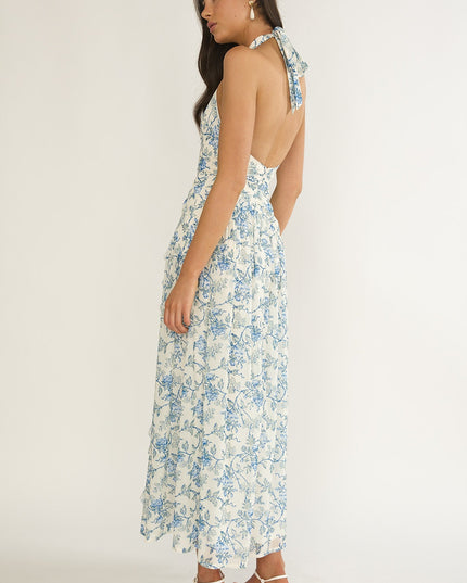 Blue Halterneck Ruffle Dress Floral