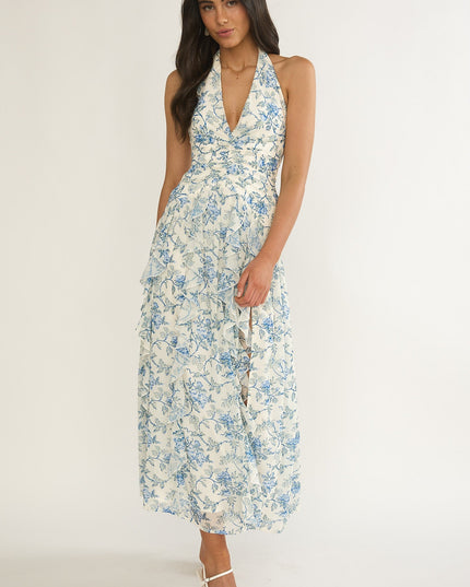 Blue Halterneck Ruffle Dress Floral