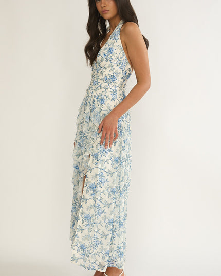 Blue Halterneck Ruffle Dress Floral