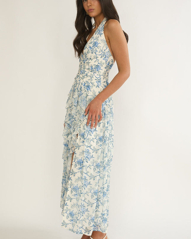 Blue Halterneck Ruffle Dress Floral