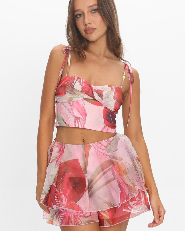 Red Layered Flounce Shorts Print