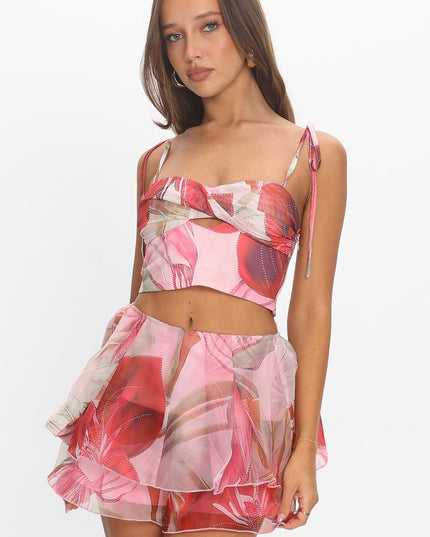 Red Tied Shoulder Top Print