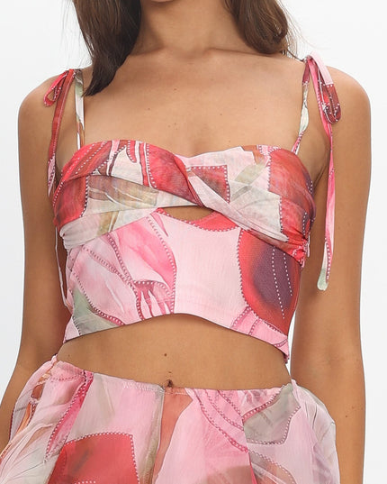 Red Tied Shoulder Top Print