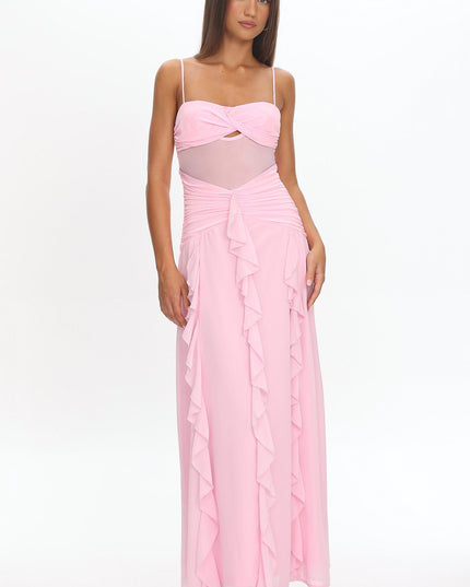 Pink Twist Bust Ruffle Maxi Dress