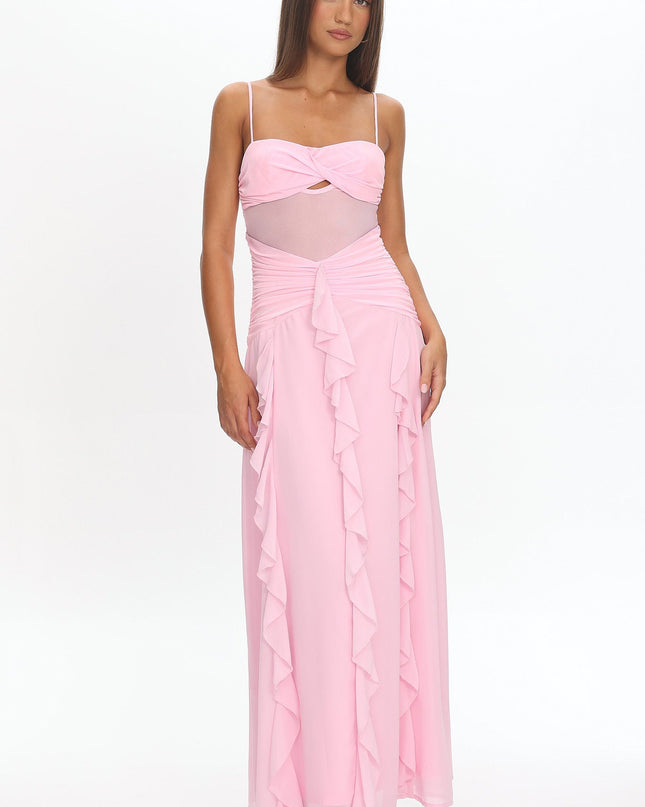 Pink Twist Bust Ruffle Maxi Dress