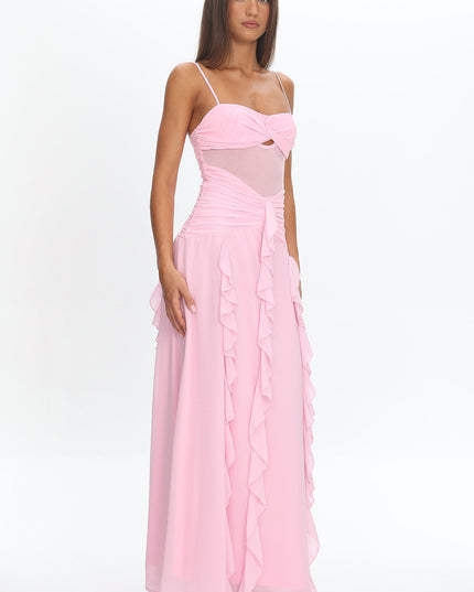 Pink Twist Bust Ruffle Maxi Dress