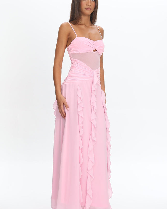 Pink Twist Bust Ruffle Maxi Dress