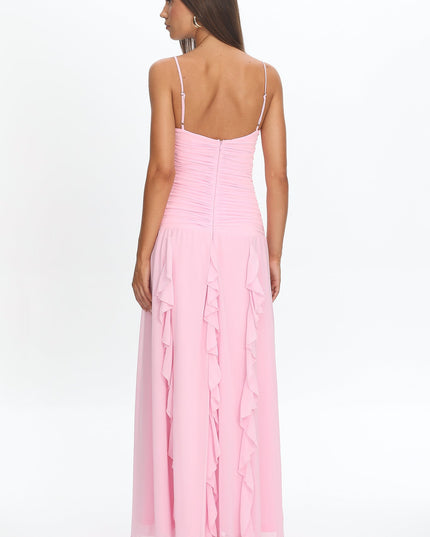 Pink Twist Bust Ruffle Maxi Dress