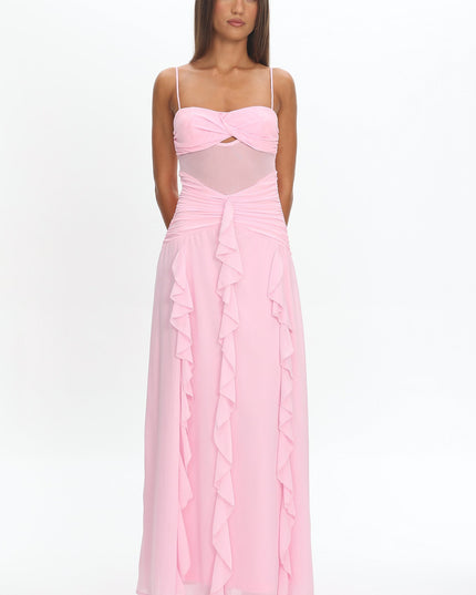 Pink Twist Bust Ruffle Maxi Dress