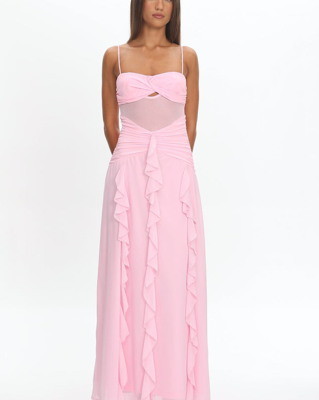 Pink Twist Bust Ruffle Maxi Dress