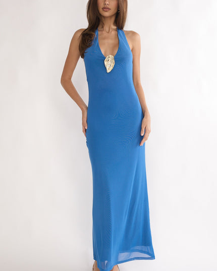 Blue Backless Halterneck Maxi Dress