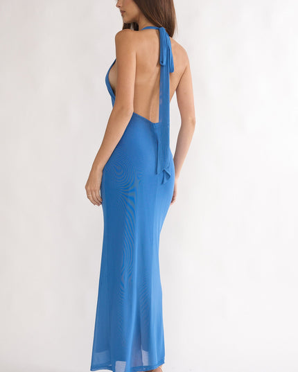Blue Backless Halterneck Maxi Dress