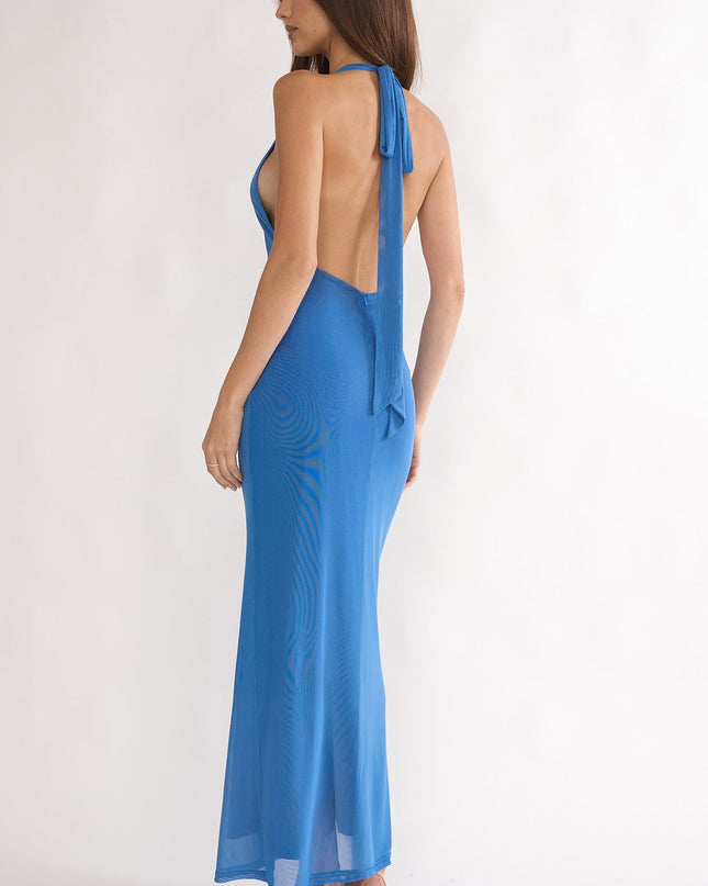 Blue Backless Halterneck Maxi Dress