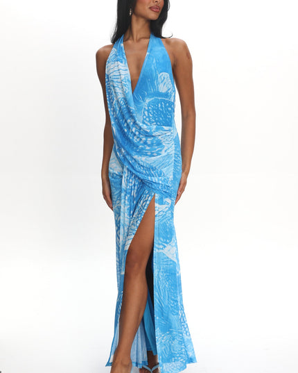 Blue Plunging Halter Maxi Dress Print
