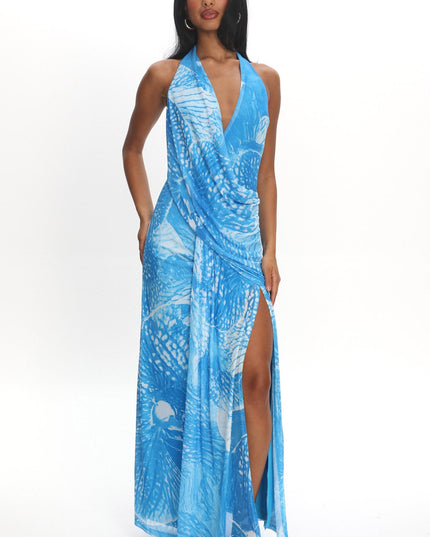 Blue Plunging Halter Maxi Dress Print