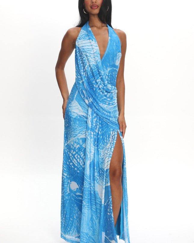 Blue Plunging Halter Maxi Dress Print