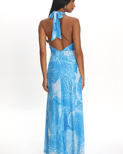 Blue Plunging Halter Maxi Dress Print