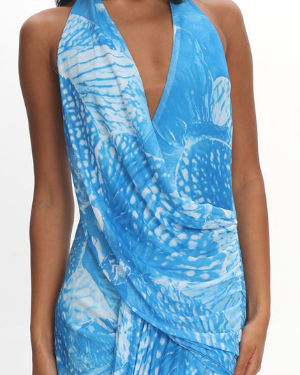 Blue Plunging Halter Maxi Dress Print