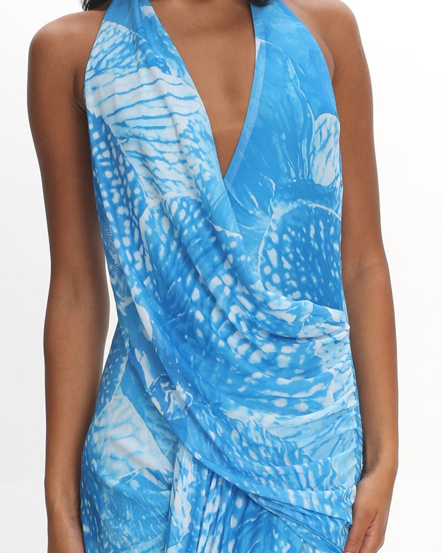 Blue Plunging Halter Maxi Dress Print