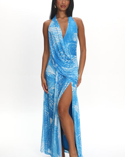 Blue Plunging Halter Maxi Dress Print
