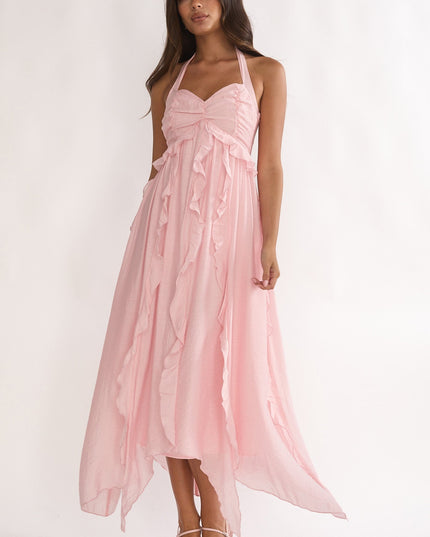 Pink Frill Trim Halterneck Maxi Dress