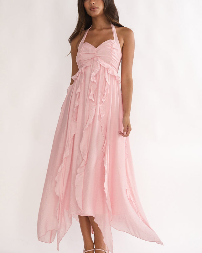 Pink Frill Trim Halterneck Maxi Dress