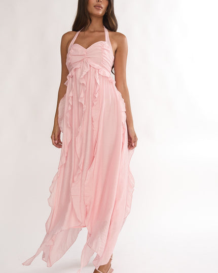 Pink Frill Trim Halterneck Maxi Dress