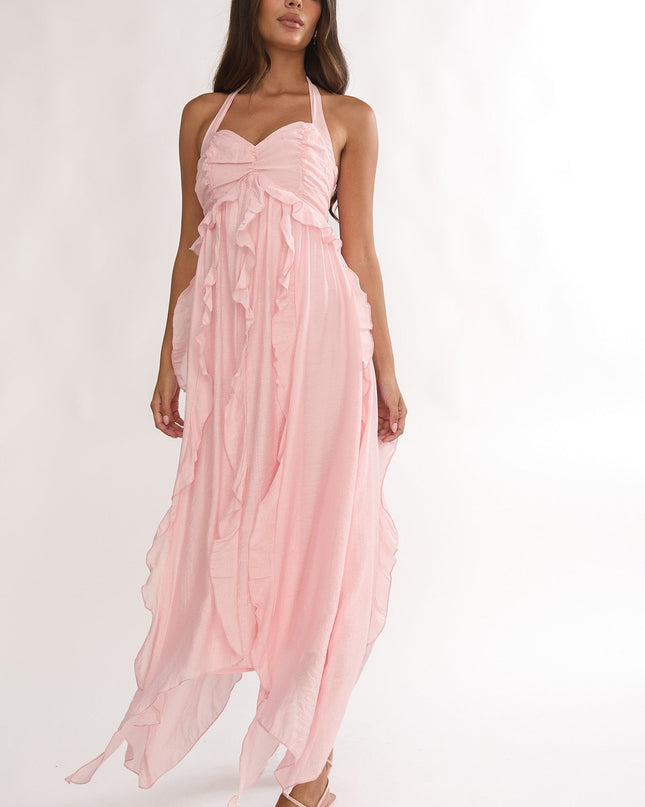 Pink Frill Trim Halterneck Maxi Dress