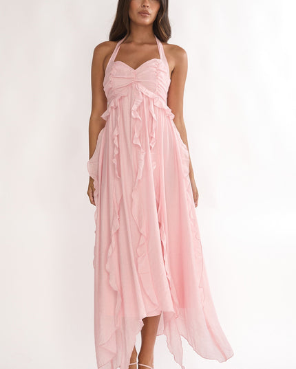Pink Frill Trim Halterneck Maxi Dress