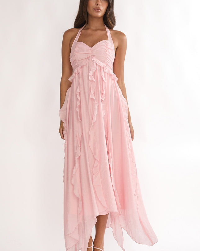 Pink Frill Trim Halterneck Maxi Dress