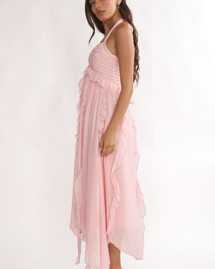 Pink Frill Trim Halterneck Maxi Dress