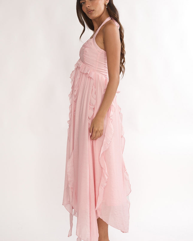 Pink Frill Trim Halterneck Maxi Dress