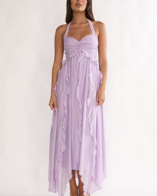 Purple Frill Trim Halterneck Maxi Dress