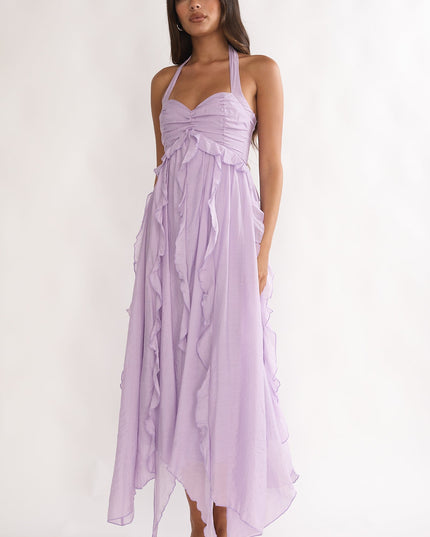 Purple Frill Trim Halterneck Maxi Dress