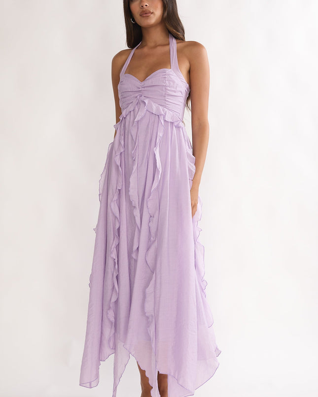 Purple Frill Trim Halterneck Maxi Dress