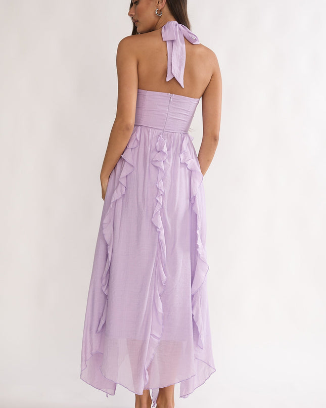 Purple Frill Trim Halterneck Maxi Dress
