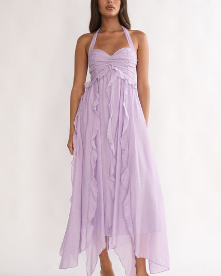 Purple Frill Trim Halterneck Maxi Dress