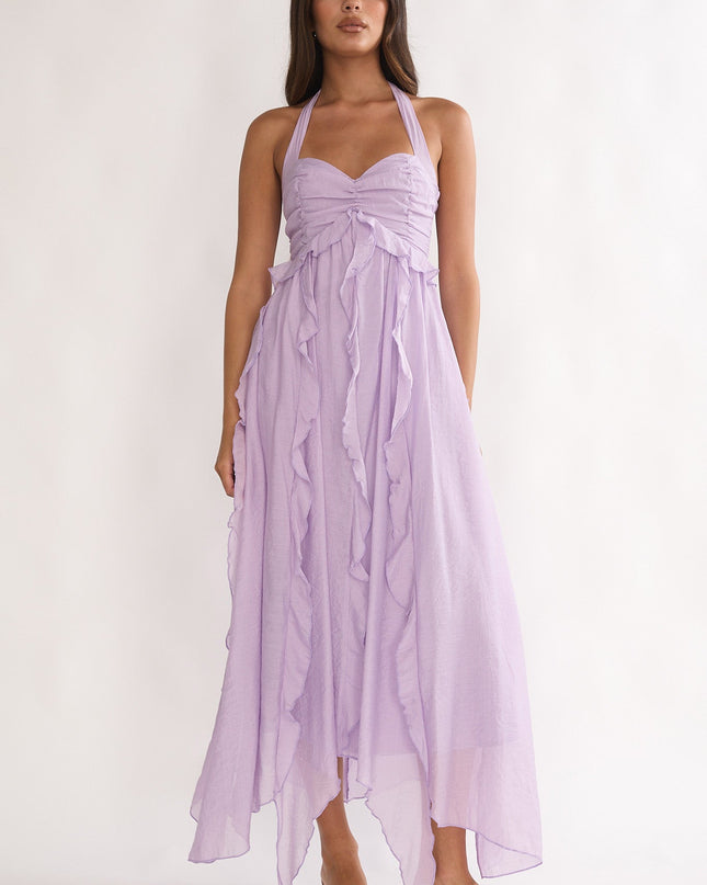 Purple Frill Trim Halterneck Maxi Dress