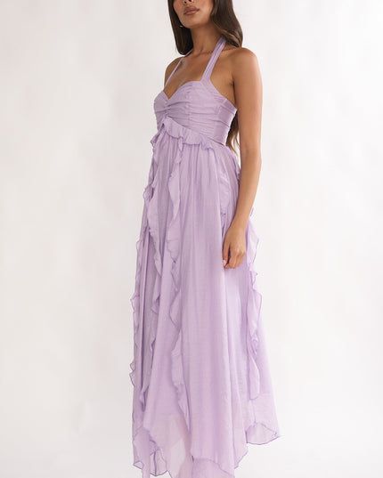 Purple Frill Trim Halterneck Maxi Dress
